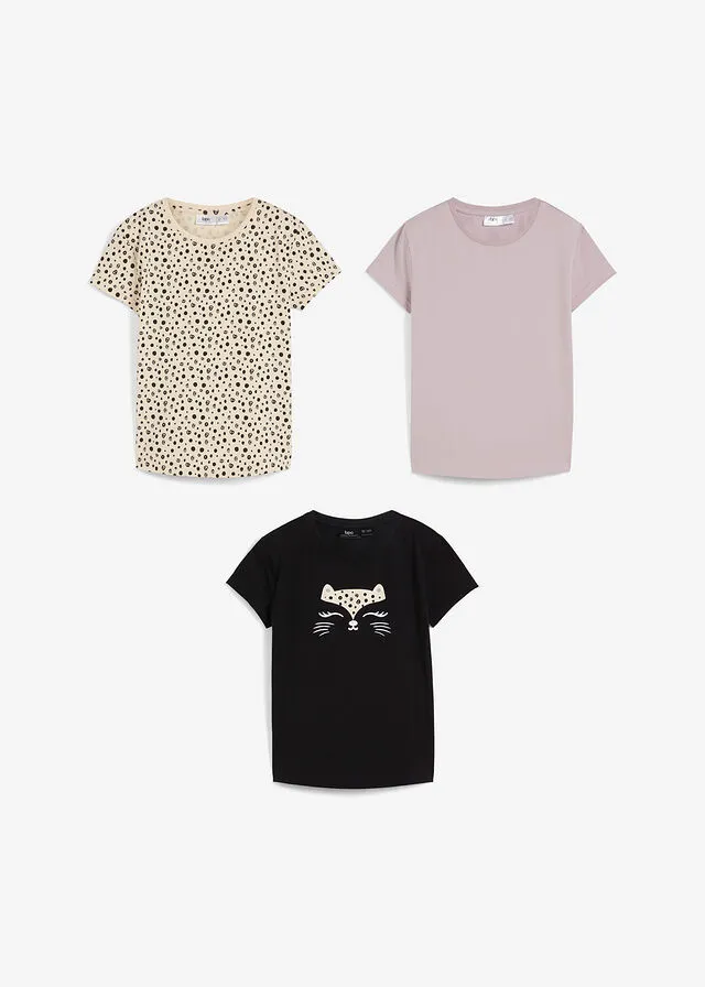 Camiseta de algodón orgánico para niñas (3 unidades) marrón+negro